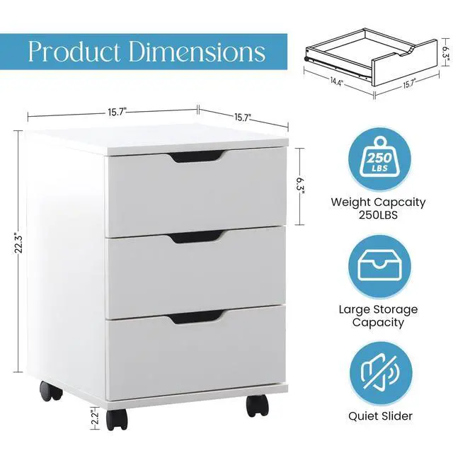 Alt view image 2 of 6 - 3-Drawer Under Desk Wooden File Cabinet with Lockable Caster Storage Cabinets for Home Office,White,Required Assembly