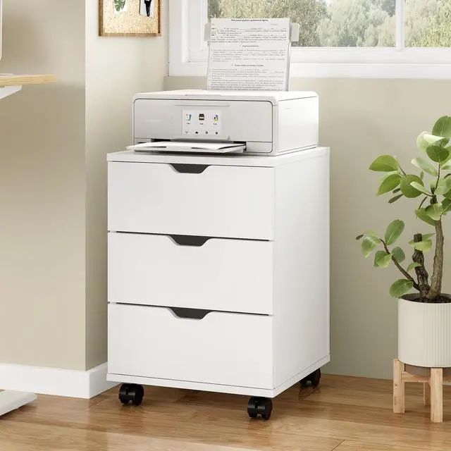 Alt view image 6 of 6 - 3-Drawer Under Desk Wooden File Storage Cabinet with Lockable Caster for Home Office,White,Fully Assembly