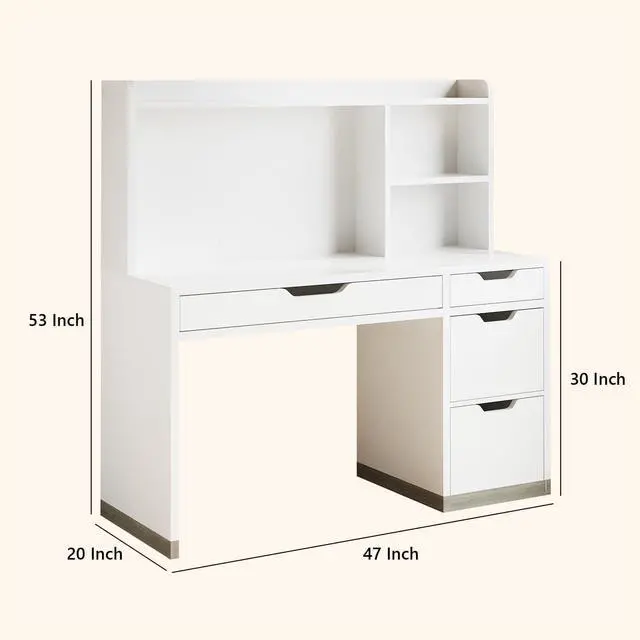 Alt view image 2 of 6 - White Desk with Hutch and Drawers, 53 Inch Computer Desk with Storage File Drawer, White Study Desk with 4 Drawers for Bedroom, Small Space