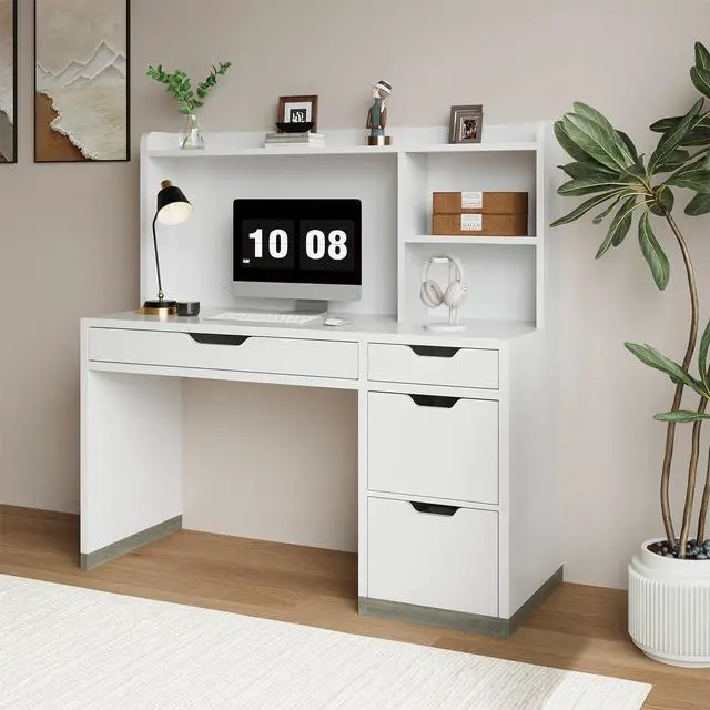 Alt view image 3 of 6 - White Desk with Hutch and Drawers, 53 Inch Computer Desk with Storage File Drawer, White Study Desk with 4 Drawers for Bedroom, Small Space
