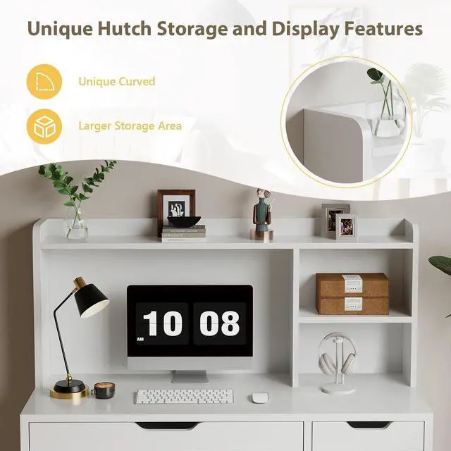Alt view image 4 of 6 - White Desk with Hutch and Drawers, 53 Inch Computer Desk with Storage File Drawer, White Study Desk with 4 Drawers for Bedroom, Small Space