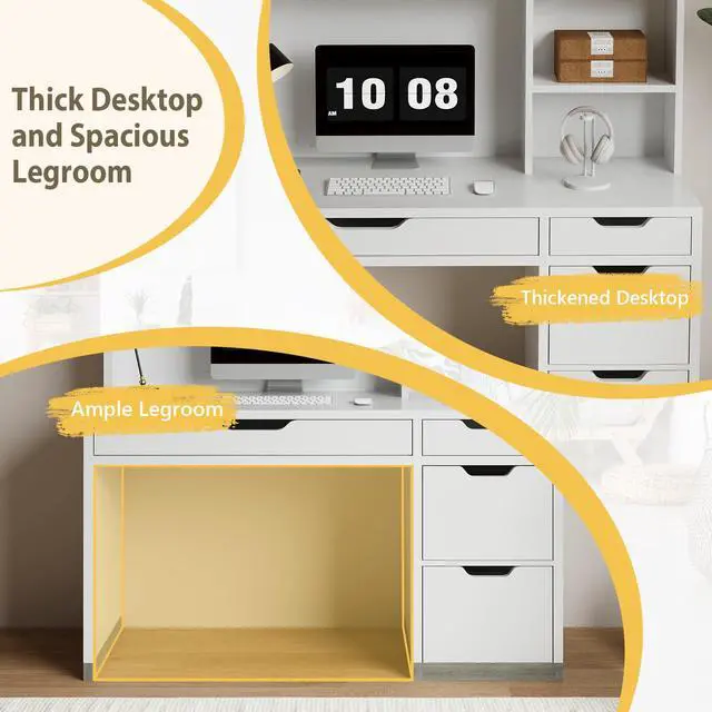 Alt view image 5 of 6 - White Desk with Hutch and Drawers, 53 Inch Computer Desk with Storage File Drawer, White Study Desk with 4 Drawers for Bedroom, Small Space