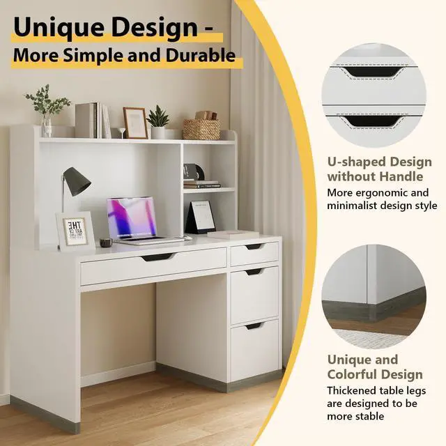 Alt view image 6 of 6 - White Desk with Hutch and Drawers, 53 Inch Computer Desk with Storage File Drawer, White Study Desk with 4 Drawers for Bedroom, Small Space