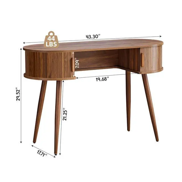 Alt view image 2 of 6 - 43" Oval Fluted Home Office Desk, Small Computer Desk Mid Century Modern Vanity Table with Sliding Tambour Door, Wooden Writing Study Desk for Small Spaces, Bedroom, Office(Wlanut)