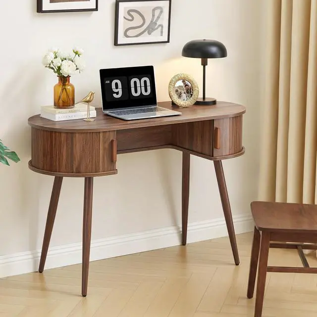 Alt view image 5 of 6 - 43" Oval Fluted Home Office Desk, Small Computer Desk Mid Century Modern Vanity Table with Sliding Tambour Door, Wooden Writing Study Desk for Small Spaces, Bedroom, Office(Wlanut)