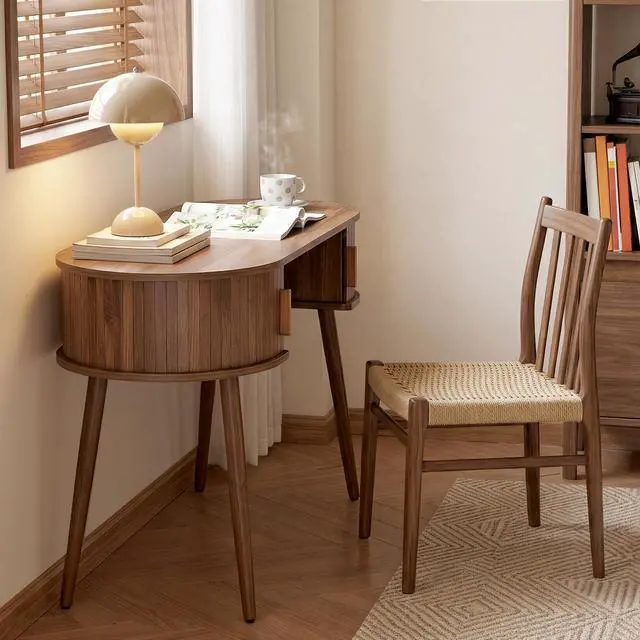 Alt view image 6 of 6 - 43" Oval Fluted Home Office Desk, Small Computer Desk Mid Century Modern Vanity Table with Sliding Tambour Door, Wooden Writing Study Desk for Small Spaces, Bedroom, Office(Wlanut)