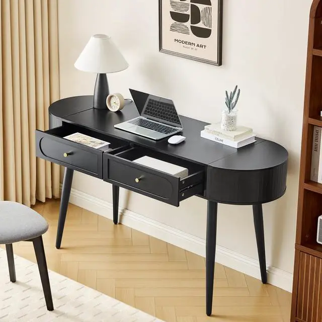 Main image of 59" Black Home Office Desk, Multiple Storage Wood Writing Desk, MCM Elegant Fluted Table Desk with 2 Flip Hide Storage + 2 Drawer for Apartment (Black)