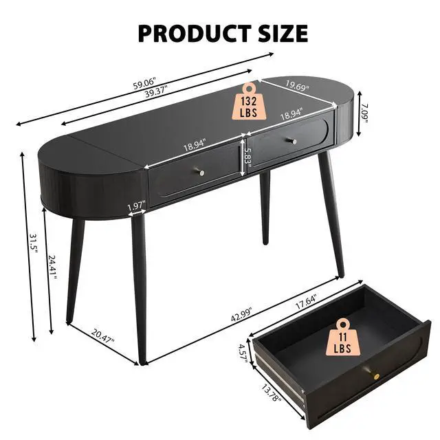 Alt view image 2 of 6 - 59" Black Home Office Desk, Multiple Storage Wood Writing Desk, MCM Elegant Fluted Table Desk with 2 Flip Hide Storage + 2 Drawer for Apartment (Black)