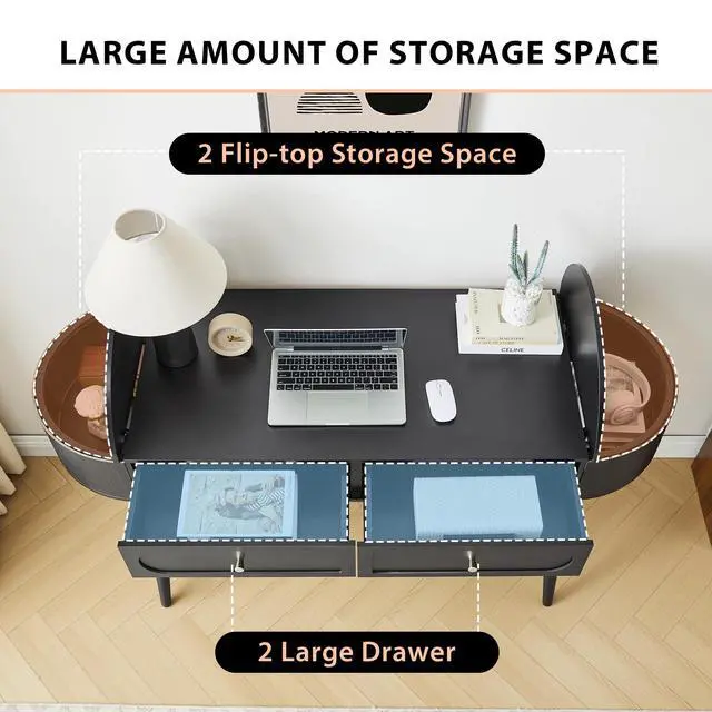 Alt view image 3 of 6 - 59" Black Home Office Desk, Multiple Storage Wood Writing Desk, MCM Elegant Fluted Table Desk with 2 Flip Hide Storage + 2 Drawer for Apartment (Black)