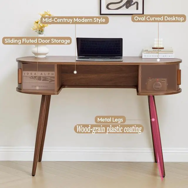 Alt view image 3 of 6 - Mid-Century 43" Small Wood Desk, Home Office Writing Desk with Storage, Unique Design Fluted Vanity Table Desk for Bedroom, Study Room
