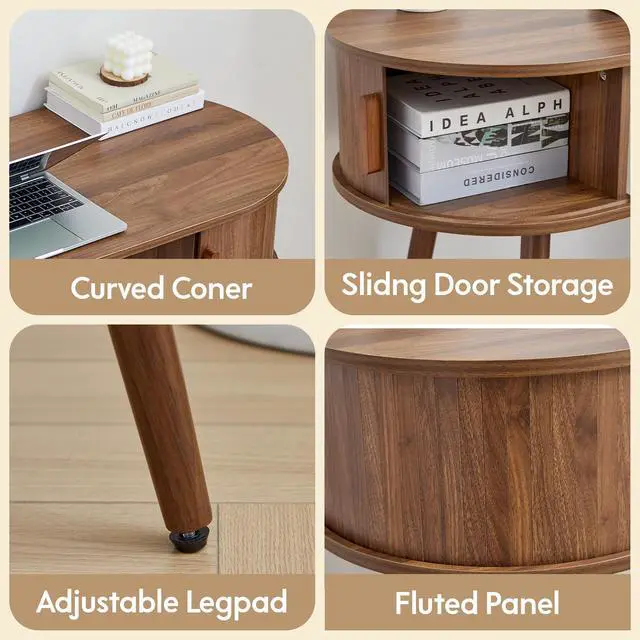 Alt view image 4 of 6 - Mid-Century 43" Small Wood Desk, Home Office Writing Desk with Storage, Unique Design Fluted Vanity Table Desk for Bedroom, Study Room