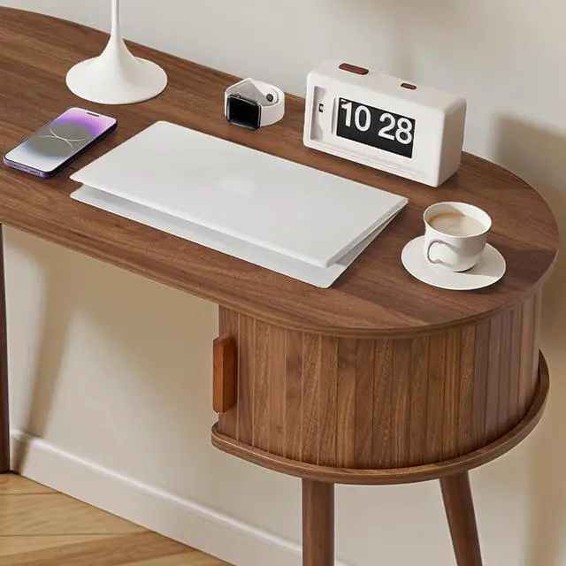 Alt view image 5 of 6 - Mid-Century 43" Small Wood Desk, Home Office Writing Desk with Storage, Unique Design Fluted Vanity Table Desk for Bedroom, Study Room