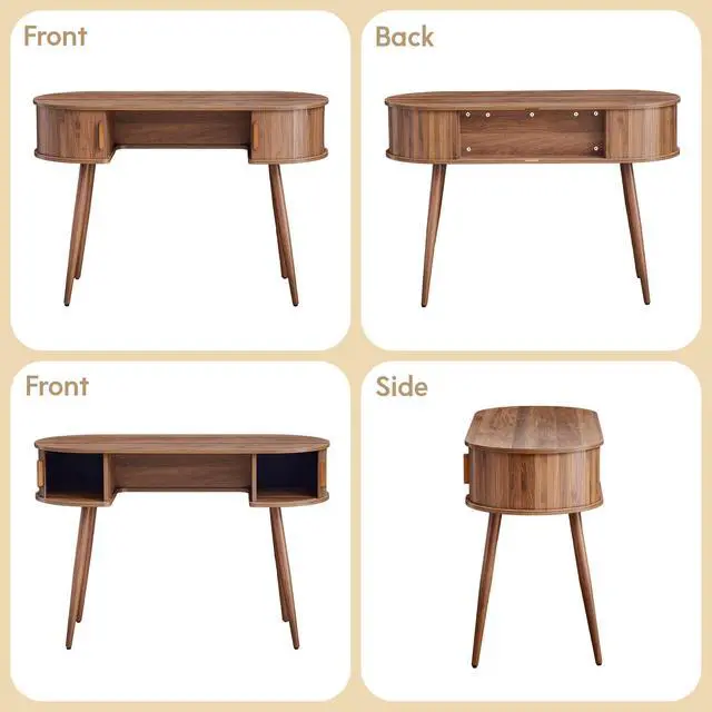 Alt view image 6 of 6 - Mid-Century 43" Small Wood Desk, Home Office Writing Desk with Storage, Unique Design Fluted Vanity Table Desk for Bedroom, Study Room