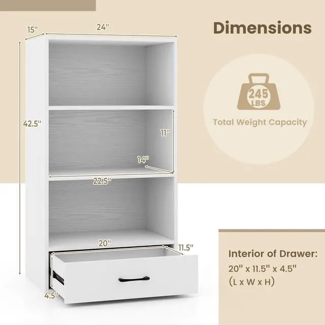 Alt view image 2 of 6 - 3 Tier Bookcase with Drawer, 42.5Tall Freestanding Bookshelf with 3 Open Shelves & 1 Drawer, Anti-toppling Devices, Modern Display Storage Organizer for Home Office (White, 42.5" H)