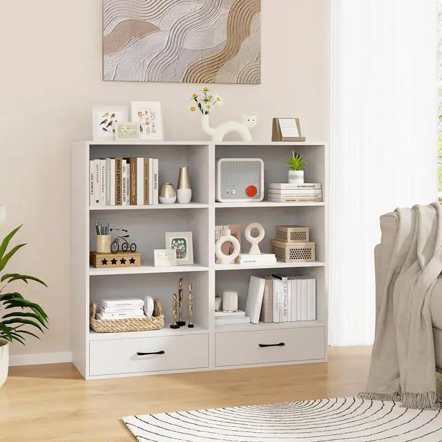 Alt view image 3 of 6 - 3 Tier Bookcase with Drawer, 42.5Tall Freestanding Bookshelf with 3 Open Shelves & 1 Drawer, Anti-toppling Devices, Modern Display Storage Organizer for Home Office (White, 42.5" H)