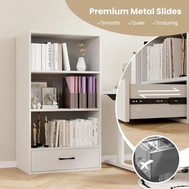 Alt view image 5 of 6 - 3 Tier Bookcase with Drawer, 42.5Tall Freestanding Bookshelf with 3 Open Shelves & 1 Drawer, Anti-toppling Devices, Modern Display Storage Organizer for Home Office (White, 42.5" H)
