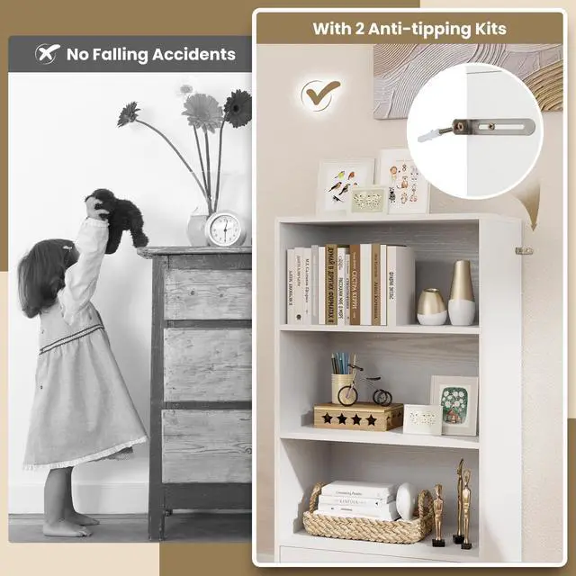 Alt view image 6 of 6 - 3 Tier Bookcase with Drawer, 42.5Tall Freestanding Bookshelf with 3 Open Shelves & 1 Drawer, Anti-toppling Devices, Modern Display Storage Organizer for Home Office (White, 42.5" H)
