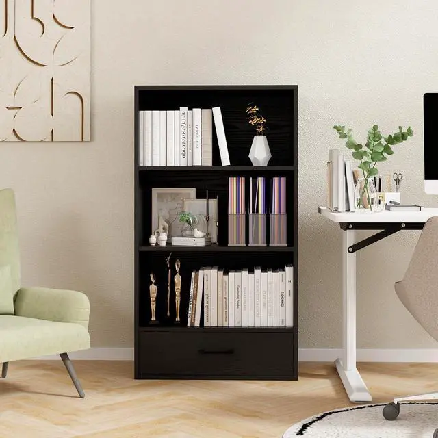Alt view image 2 of 6 - 3 Tier Bookcase with Drawer, 42.5Tall Freestanding Bookshelf with 3 Open Shelves & 1 Drawer, Anti-toppling Devices, Modern Display Storage Organizer for Home Office (Black, 42.5" H)