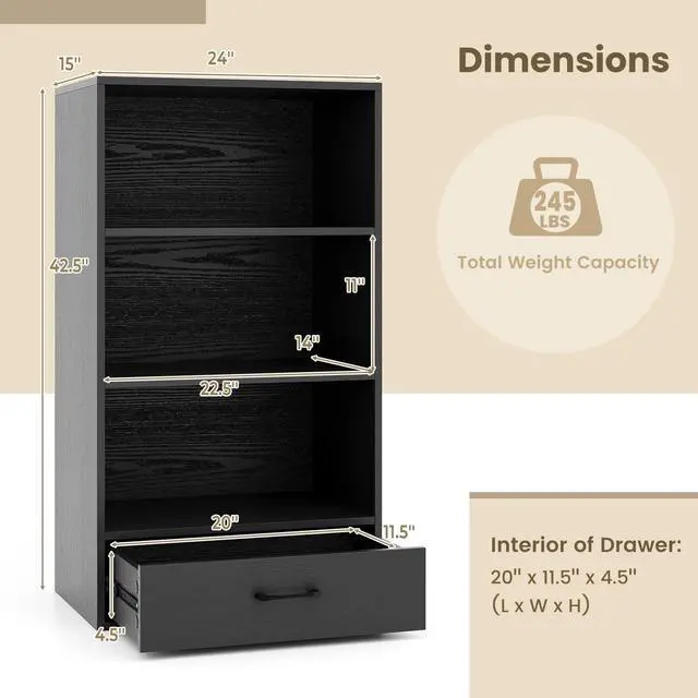 Alt view image 3 of 6 - 3 Tier Bookcase with Drawer, 42.5Tall Freestanding Bookshelf with 3 Open Shelves & 1 Drawer, Anti-toppling Devices, Modern Display Storage Organizer for Home Office (Black, 42.5" H)