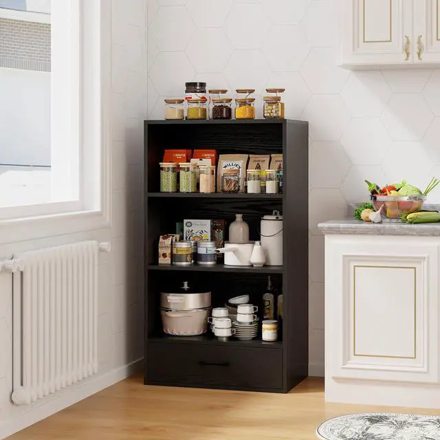 Alt view image 4 of 6 - 3 Tier Bookcase with Drawer, 42.5Tall Freestanding Bookshelf with 3 Open Shelves & 1 Drawer, Anti-toppling Devices, Modern Display Storage Organizer for Home Office (Black, 42.5" H)