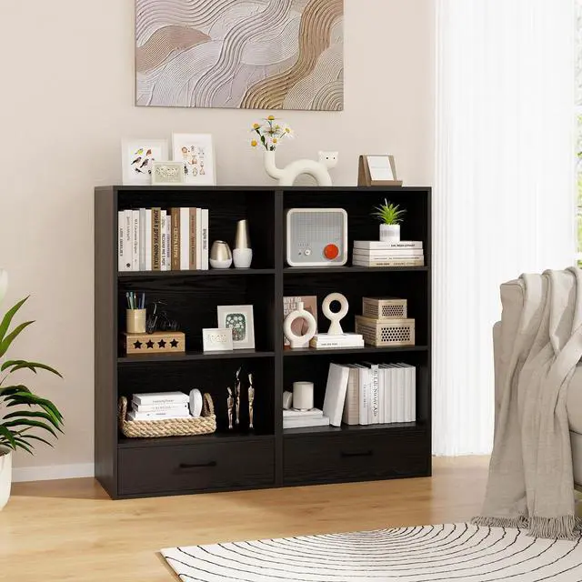 Alt view image 5 of 6 - 3 Tier Bookcase with Drawer, 42.5Tall Freestanding Bookshelf with 3 Open Shelves & 1 Drawer, Anti-toppling Devices, Modern Display Storage Organizer for Home Office (Black, 42.5" H)