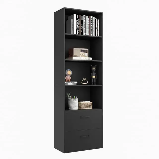 Main image of 4 Shelf Bookcase with 2 Drawers, 74 Inch 4 Tiers Tall Open Bookshelf with 2 Slide-Out Drawers, Anti-toppling Device, Freestanding Wood Storage Shelf for Home Office (Black, 74" H)