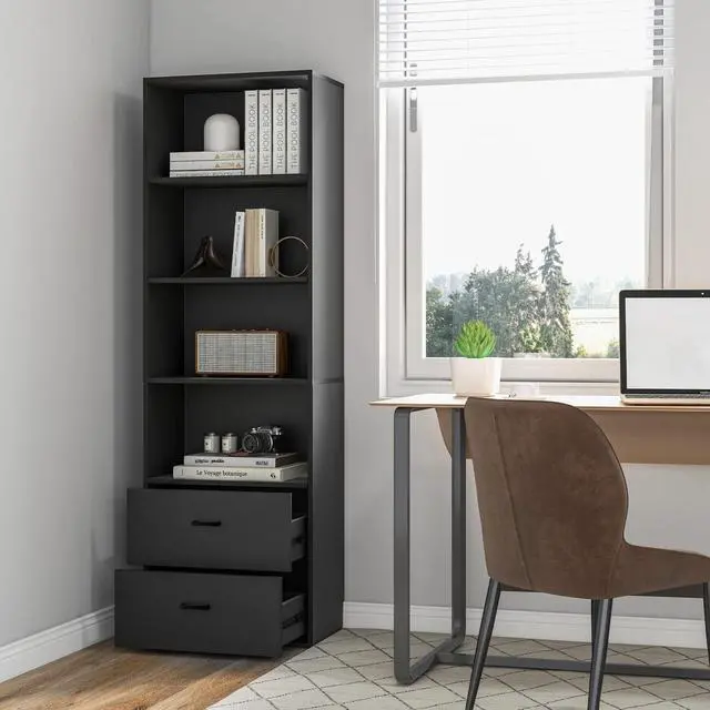 Alt view image 2 of 6 - 4 Shelf Bookcase with 2 Drawers, 74 Inch 4 Tiers Tall Open Bookshelf with 2 Slide-Out Drawers, Anti-toppling Device, Freestanding Wood Storage Shelf for Home Office (Black, 74" H)