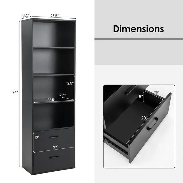 Alt view image 3 of 6 - 4 Shelf Bookcase with 2 Drawers, 74 Inch 4 Tiers Tall Open Bookshelf with 2 Slide-Out Drawers, Anti-toppling Device, Freestanding Wood Storage Shelf for Home Office (Black, 74" H)