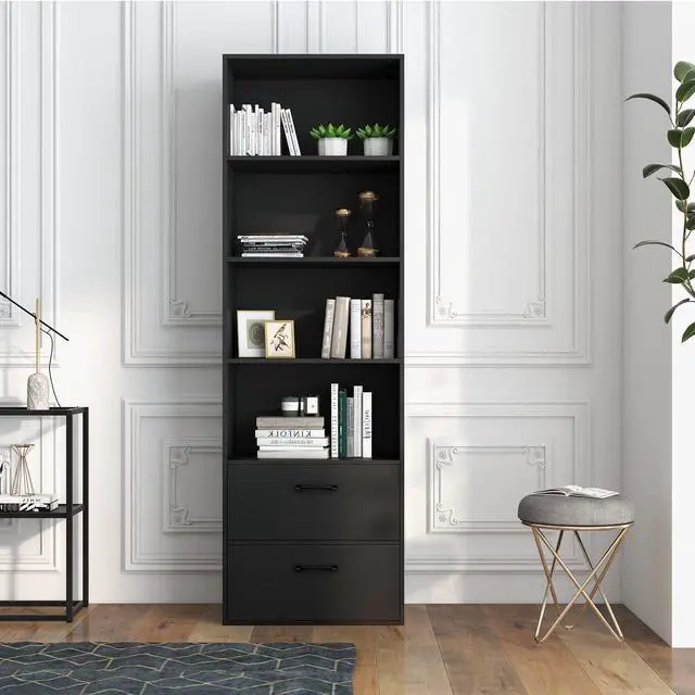 Alt view image 4 of 6 - 4 Shelf Bookcase with 2 Drawers, 74 Inch 4 Tiers Tall Open Bookshelf with 2 Slide-Out Drawers, Anti-toppling Device, Freestanding Wood Storage Shelf for Home Office (Black, 74" H)
