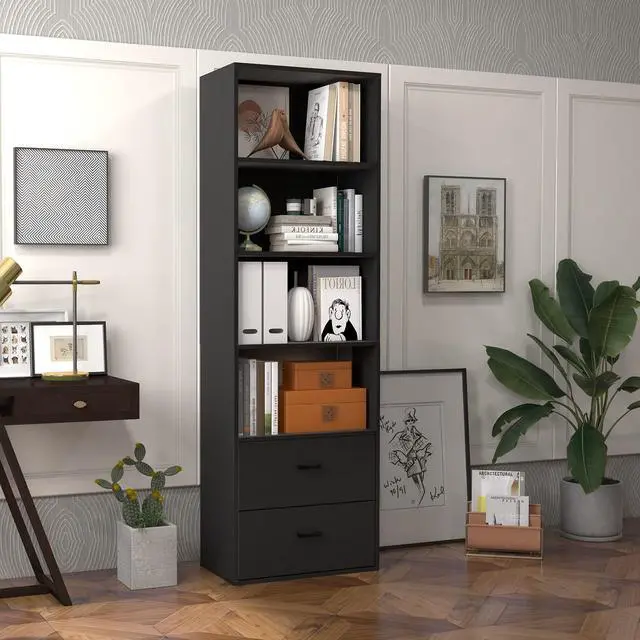 Alt view image 5 of 6 - 4 Shelf Bookcase with 2 Drawers, 74 Inch 4 Tiers Tall Open Bookshelf with 2 Slide-Out Drawers, Anti-toppling Device, Freestanding Wood Storage Shelf for Home Office (Black, 74" H)