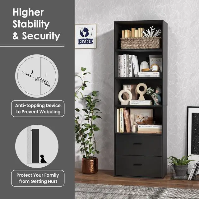 Alt view image 6 of 6 - 4 Shelf Bookcase with 2 Drawers, 74 Inch 4 Tiers Tall Open Bookshelf with 2 Slide-Out Drawers, Anti-toppling Device, Freestanding Wood Storage Shelf for Home Office (Black, 74" H)