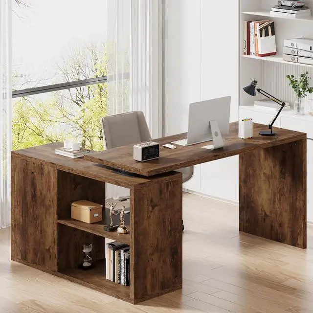 Main image of Rustic L Desk with Storage Shelves, L Shaped Computer Desk with Open Storage Cabinet, Vintage Reversible Corner Home Office Desk for Living Room, Office, Rustic Brown 55 in
