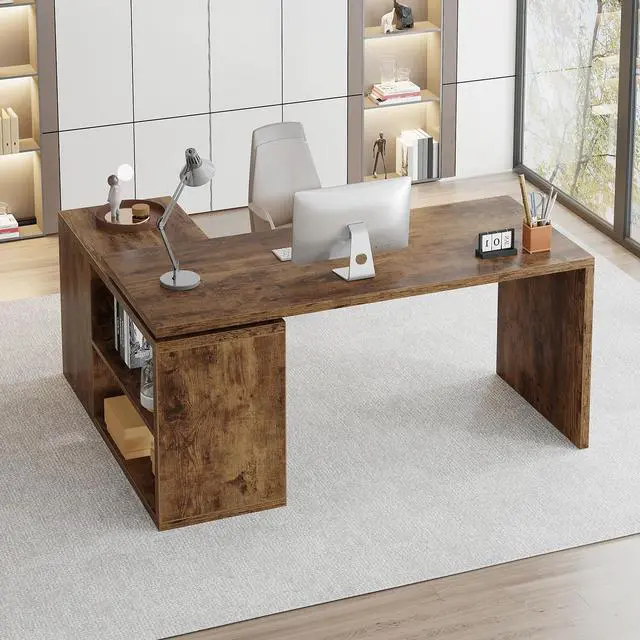 Alt view image 2 of 6 - Rustic L Desk with Storage Shelves, L Shaped Computer Desk with Open Storage Cabinet, Vintage Reversible Corner Home Office Desk for Living Room, Office, Rustic Brown 55 in