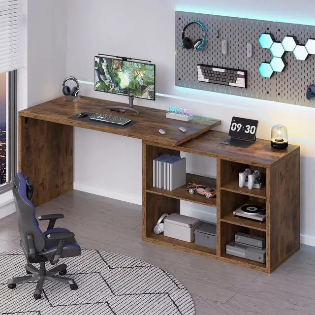 Alt view image 3 of 6 - Rustic L Desk with Storage Shelves, L Shaped Computer Desk with Open Storage Cabinet, Vintage Reversible Corner Home Office Desk for Living Room, Office, Rustic Brown 55 in