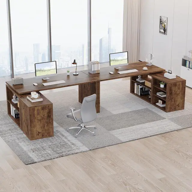 Alt view image 4 of 6 - Rustic L Desk with Storage Shelves, L Shaped Computer Desk with Open Storage Cabinet, Vintage Reversible Corner Home Office Desk for Living Room, Office, Rustic Brown 55 in