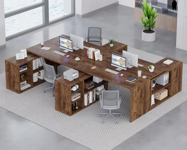 Alt view image 5 of 6 - Rustic L Desk with Storage Shelves, L Shaped Computer Desk with Open Storage Cabinet, Vintage Reversible Corner Home Office Desk for Living Room, Office, Rustic Brown 55 in