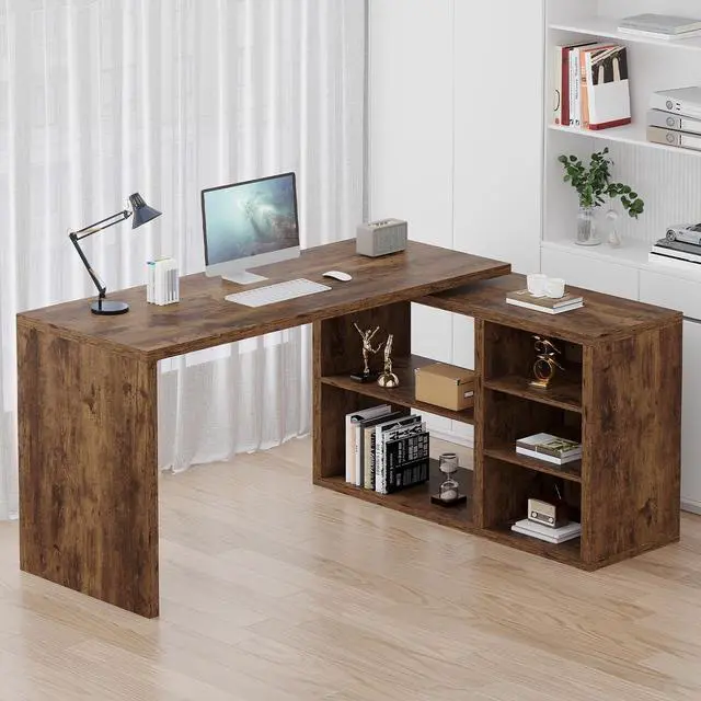 Alt view image 6 of 6 - Rustic L Desk with Storage Shelves, L Shaped Computer Desk with Open Storage Cabinet, Vintage Reversible Corner Home Office Desk for Living Room, Office, Rustic Brown 55 in