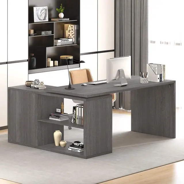 Main image of L Shaped Computer Desk, Rustic Wood Corner Desk, Industrial Writing Workstation Table with Cabinet Drawer Storage for Home Office Study, Grey 55 inch