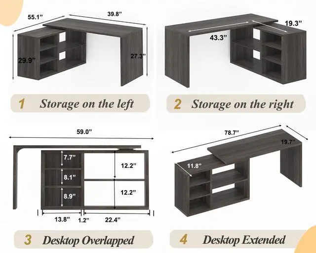 Alt view image 2 of 6 - L Shaped Computer Desk, Rustic Wood Corner Desk, Industrial Writing Workstation Table with Cabinet Drawer Storage for Home Office Study, Grey 55 inch