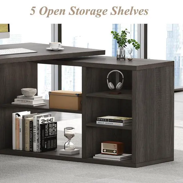 Alt view image 3 of 6 - L Shaped Computer Desk, Rustic Wood Corner Desk, Industrial Writing Workstation Table with Cabinet Drawer Storage for Home Office Study, Grey 55 inch