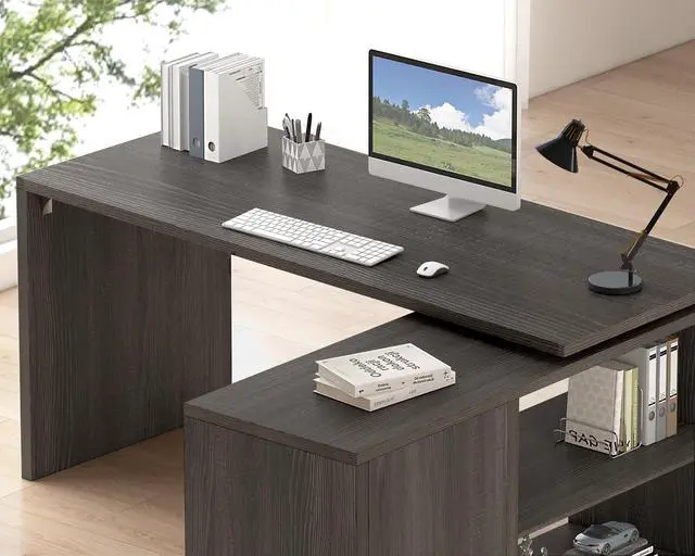Alt view image 4 of 6 - L Shaped Computer Desk, Rustic Wood Corner Desk, Industrial Writing Workstation Table with Cabinet Drawer Storage for Home Office Study, Grey 55 inch