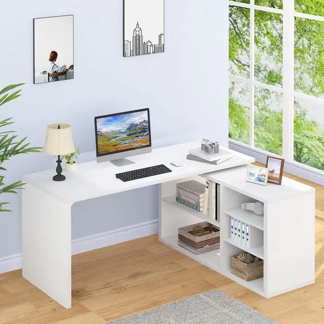 Main image of White L Shaped Desk with Shelf, Reversible Modern Home Office Desk Workstation, L Shape Computer Desk with Storage Cabinet Drawer, Industrial Wood Corner Table for Work Study Writing Gaming, 55 In