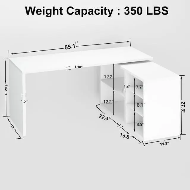 Alt view image 2 of 6 - White L Shaped Desk with Shelf, Reversible Modern Home Office Desk Workstation, L Shape Computer Desk with Storage Cabinet Drawer, Industrial Wood Corner Table for Work Study Writing Gaming, 55 In