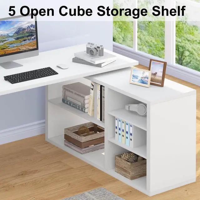 Alt view image 3 of 6 - White L Shaped Desk with Shelf, Reversible Modern Home Office Desk Workstation, L Shape Computer Desk with Storage Cabinet Drawer, Industrial Wood Corner Table for Work Study Writing Gaming, 55 In