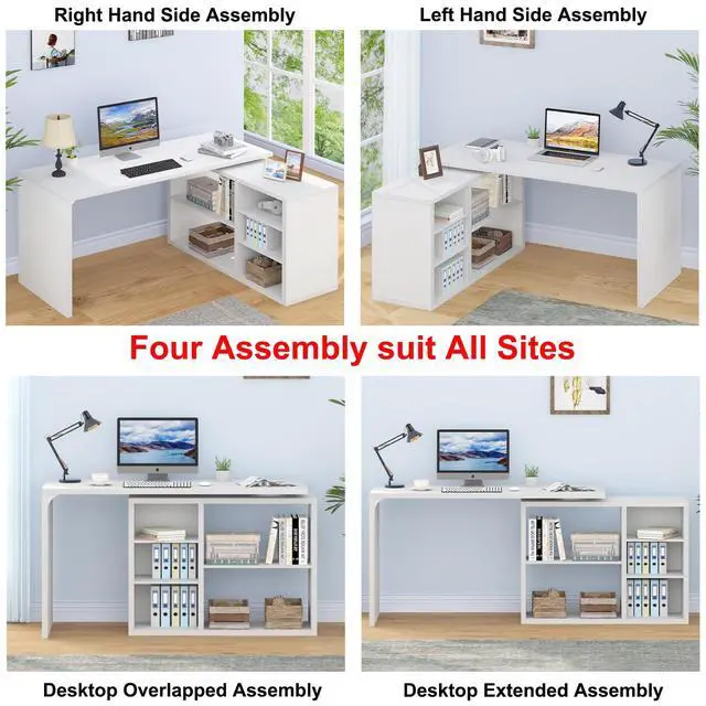 Alt view image 4 of 6 - White L Shaped Desk with Shelf, Reversible Modern Home Office Desk Workstation, L Shape Computer Desk with Storage Cabinet Drawer, Industrial Wood Corner Table for Work Study Writing Gaming, 55 In