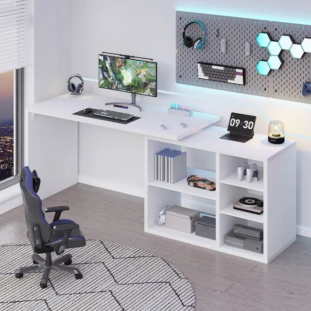 Alt view image 6 of 6 - White L Shaped Desk with Shelf, Reversible Modern Home Office Desk Workstation, L Shape Computer Desk with Storage Cabinet Drawer, Industrial Wood Corner Table for Work Study Writing Gaming, 55 In