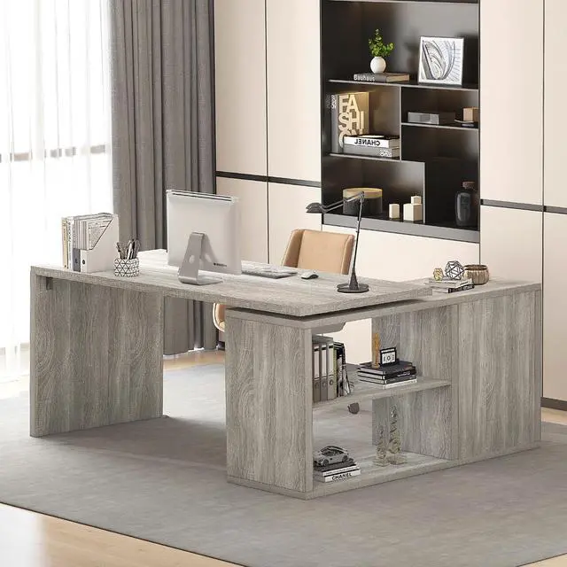 Main image of Gray L Shaped Corner Desk with Storage Shelves, Reversible L Shape Computer Desk with Storage Cabinet, Adjustable Corner Home Office Desk for PC Executive Writing Study Work, Light Grey, 55 Inch