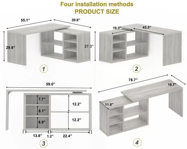 Alt view image 2 of 6 - Gray L Shaped Corner Desk with Storage Shelves, Reversible L Shape Computer Desk with Storage Cabinet, Adjustable Corner Home Office Desk for PC Executive Writing Study Work, Light Grey, 55 Inch