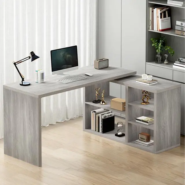 Alt view image 3 of 6 - Gray L Shaped Corner Desk with Storage Shelves, Reversible L Shape Computer Desk with Storage Cabinet, Adjustable Corner Home Office Desk for PC Executive Writing Study Work, Light Grey, 55 Inch