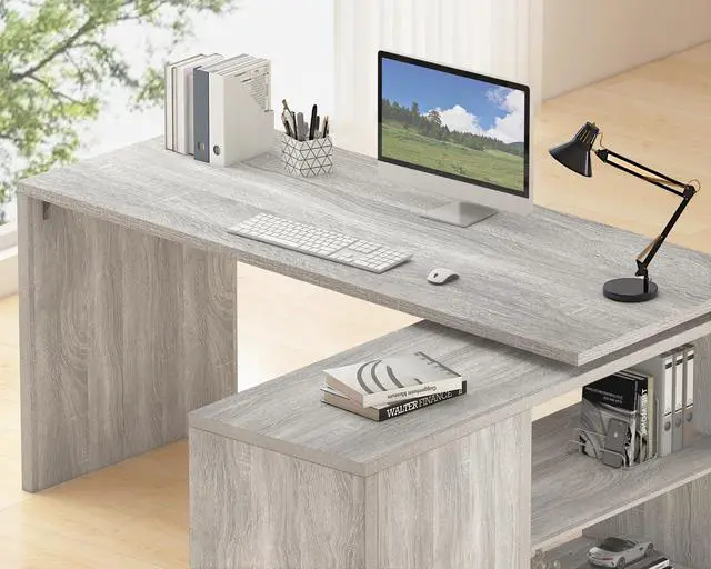 Alt view image 4 of 6 - Gray L Shaped Corner Desk with Storage Shelves, Reversible L Shape Computer Desk with Storage Cabinet, Adjustable Corner Home Office Desk for PC Executive Writing Study Work, Light Grey, 55 Inch